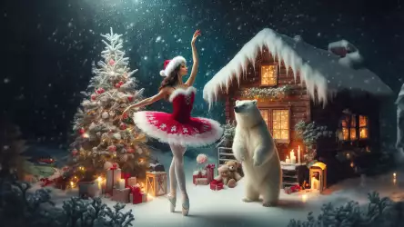 Enchanting Christmas Ballet: Wallpaper of a Ballerina in Santa-like Dress Dancing in the Snow, Accompanied by a Christmas Tree, Cottage, and a Majestic White Bear