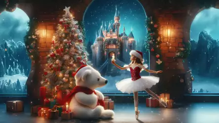 A princess gracefully dancing in a festive hall, accompanied by a huge white bear on Christmas day