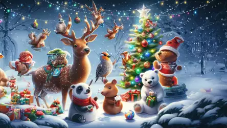 Enchanting Forest Scene: Animals, Christmas Tree, and Gifts