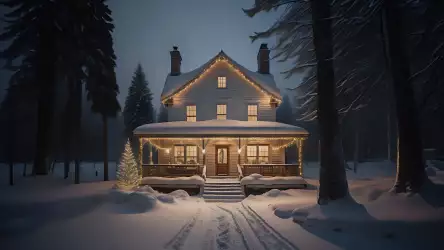Enchanting Winter Abode: Wallpaper of a House Adorned with Christmas Decoration and Lights on a Snowy Day