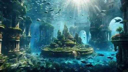 A beautiful underwater city with a castle and a cathedral, surrounded by a variety of marine life.