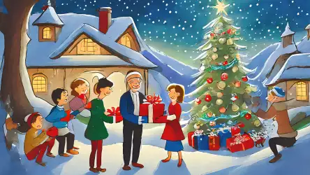 Illustration of a family gathered around a beautifully decorated Christmas tree, sharing smiles and joy in the festive glow of holiday lights