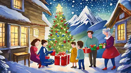 Illustration of a group of people gathered around a beautifully decorated Christmas tree, capturing the warmth of togetherness during a festive meeting