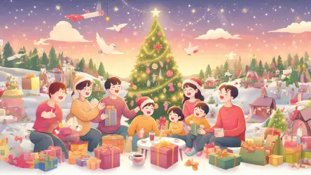 Festive Joy: Kids Around the Table with Christmas Tree Opening Gifts