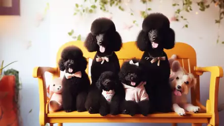 Five Black Poodle Dogs Sitting on the Bench