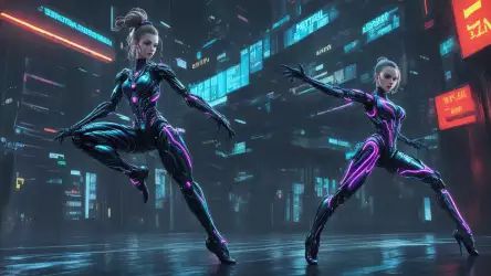 Futuristic Dancers in LED Lights Wallpaper - A Mesmerizing Display of Dance Excellence