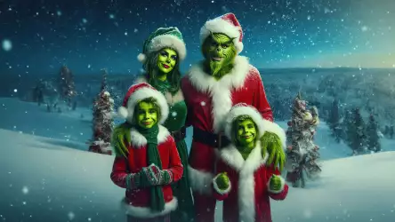 Grinch Family Stroll: Whimsical Wallpaper of the Grinch Family Walking on the Snow