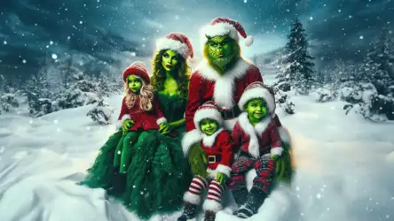 The Grinch and his family playing outside in the snowy landscape, capturing the whimsy of winter