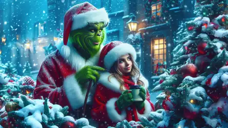 Whimsical Christmas Encounter: Grinch and Little Girl Wallpaper