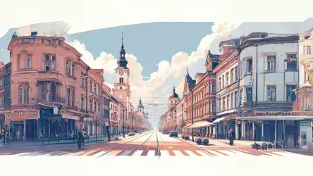 Illustrated historic city street with diverse architecture and clear blue sky