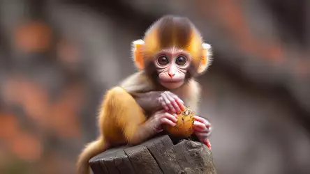 Juvenile monkey with wide eyes holding a fruit