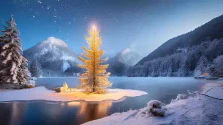 Lakeside glow: Christmas tree illuminated by the winter night surrounded by a lake and snow