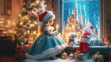 Enchanting Christmas Eve: Little Princess Watches Fairy Castle Outside Her Window