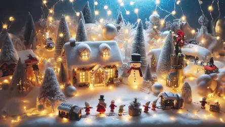 Miniature Christmas Wonderland: Charming Wallpaper of a Tiny World with Lit Houses, Railroads, Snowman, and Festive Decorations