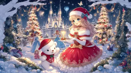 Enchanting Winter Wonderland: Princess and Cute White Bear Christmas Wallpaper