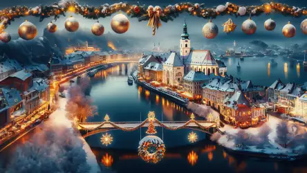 Illustration of a beautiful cityscape with a river, illuminated by festive lights, showcasing the tranquil beauty of a riverside celebration on Christmas