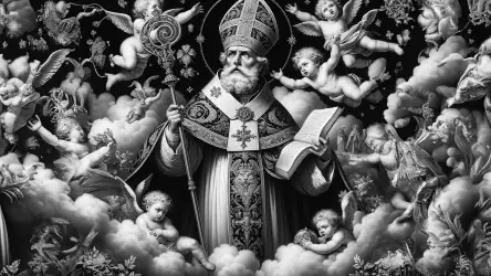 Saint Nicholas with Angels in Black and White: A Timeless Celebration of Joy
