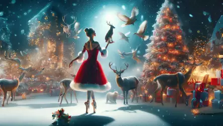 Santa dressed ballerina gracefully dancing in the snow with enchanting animals