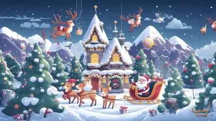 Santa Claus joyfully riding his sleigh through the night sky