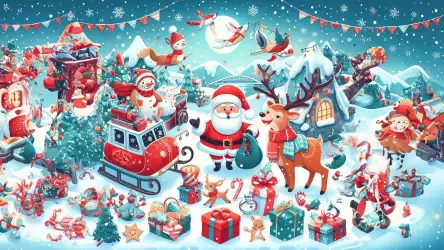 Illustration of Santa Claus surrounded by joyful animal companions, capturing the whimsical scene and holiday magic