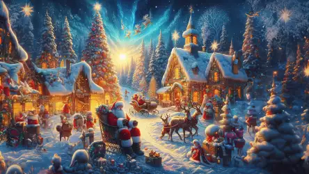 Santa's Winter Retreat: Wallpaper of Santa Claus' Home with Snow and His Festive Village