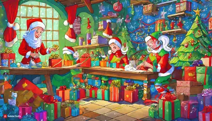 Illustration of Santa's workshop with busy elves packaging colorful gifts for kids, capturing the festive magic of holiday preparation