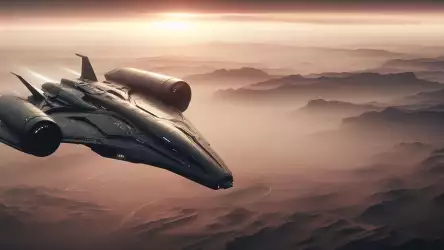 Space Ship Flying Over Sandy Planet