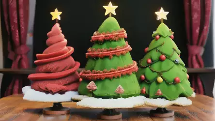 Illustration of three small Christmas trees adorned with festive decorations, showcasing the delightful trio in holiday decor