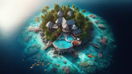 A picturesque digital artwork of a tropical island retreat with a luxury villa, turquoise ocean, and a vibrant coral reef.