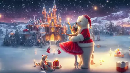 White polar bear giving a hug to a Christmas ballerina, capturing the whimsy of their festive encounter