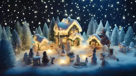 Whimsical Village Fantasy: Snow, Snowman, and Christmas Magic