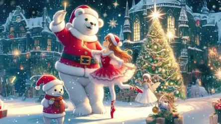 Whimsical Winter Ballet: Wallpaper of a White Big Cute Bear and Small Bear Dancing with a Ballerina, Adorned with a Christmas Tree and Santa Outfits