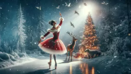 Winter Ballet: Ballerina Dance with Deer Under the Christmas Night Sky