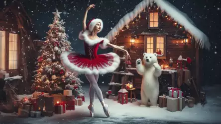 Enchanting Winter Ballet: Christmas Cottage Wallpaper