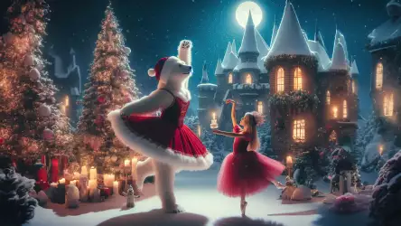 Little girl in a beautiful dress and white bear in a red dress dancing ballet outside in a winter wonderland