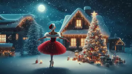 Ballerina dancing gracefully beside a Christmas tree on the snowy landscape, capturing the enchanting ballet magic of winter