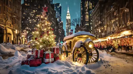 New York City street adorned with holiday decorations and twinkling lights during Christmas time