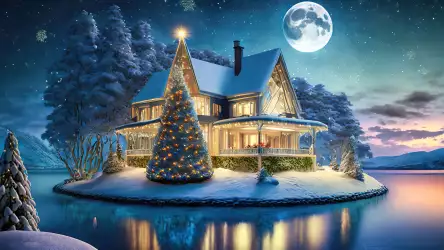 Winter Wonderland: Beautiful House, Christmas Tree, and Lakeside Magic