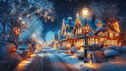 Illustration of winter streets with cozy houses decorated for Christmas, capturing the festive charm and snowy scene