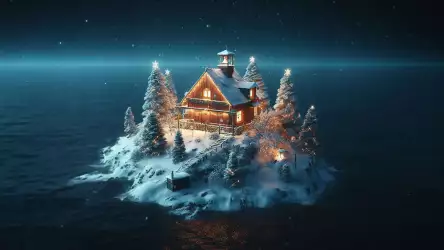 A magical wooden house surrounded by snow on Christmas night on a snowy island