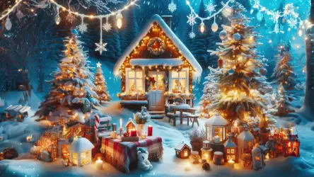 Wooden house in the forest surrounded by Christmas trees and festive decorations, creating a picturesque holiday scene