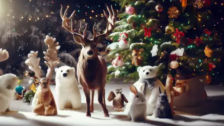 Woodland Christmas Fantasy: Enchanting Wallpaper with Christmas Tree and Animal Companions