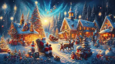 Festive Christmas day celebration in Santa Village with Santa Claus and joyful visitors
