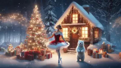 Santa Ballerina's Winter Dance Wallpaper - Enchanting Festive Winter Scene with Santa Ballerina, White Bear, Christmas Tree, Snowy Night, and Snow-covered Wooden House