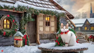 A cat in a snowy winter scene with a wooden house adorned with Christmas decorations