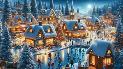 Illustration of an outdoor ice rink, surrounded by twinkling lights and skaters enjoying the winter wonderland on ice