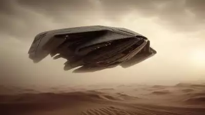 A massive alien starship hovering above the endless desert dunes under a moody, dusty sky.