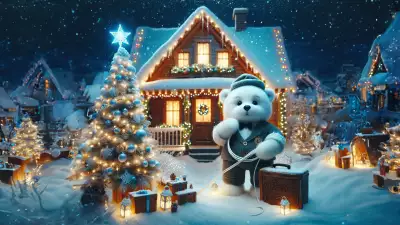 Illustration of a white bear decorating for Christmas outside, capturing the whimsical celebration of winter wonderland decor and festive joy