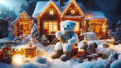 Illustration of a white polar bear sitting in front of his forest cabin in the snow, preparing lights for Christmas decoration, creating a serene and heartwarming festive scene