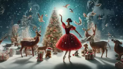 Ballerina in a red dress dancing gracefully surrounded by various animals in a whimsical outdoor setting